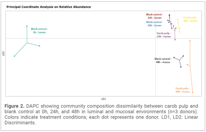 Figure 2. DAPC showing community composition dissimilarity between carob pulp and blank control at 0h, 24h, and 48h in luminal and mucosal environments (n=3 donors). Colors indicate treatment conditions; each dot represents one donor. LD1, LD2: Linear Discriminants.